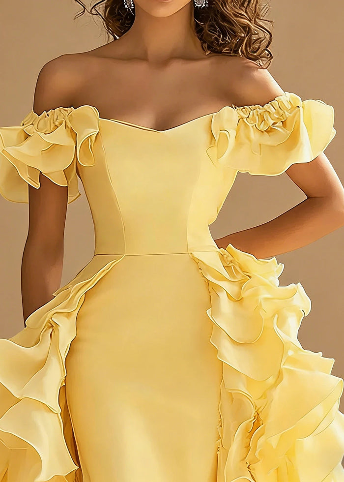 Riona Satin Yellow Ruffle Prom Dress | A - Line Off the Shoulder Tiered Strapless Formal Dress - Royal Blue - PromDressClub