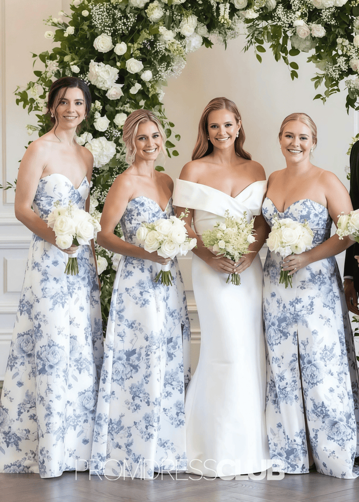 Rita | A Line Strapless White Blue Printing Floral Satin Maxi Formal Dress - Price #price_variant_lowest# - Blue Floral - PromDressClub