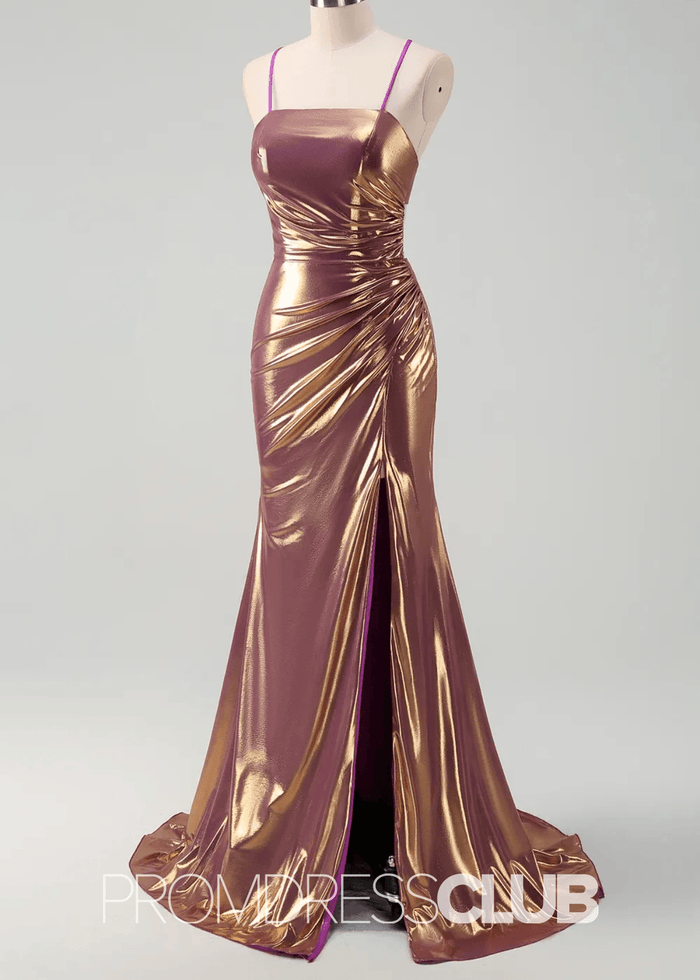 Rita |Rose Gold Metallic Long Prom Dresses Websites With Spaghetti Straps Mermaid Slit - Price #price_variant_lowest# - RosyBrown - PromDressClub
