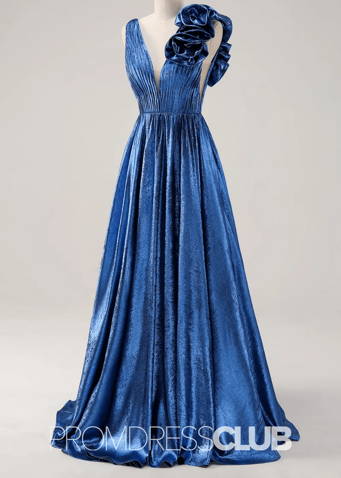 Riva |Long Royal Blue Metallic Prom Dresses Websites With Deep V - neck A - Line 3D Flowers - Price #price_variant_lowest# - Royal Blue - PromDressClub