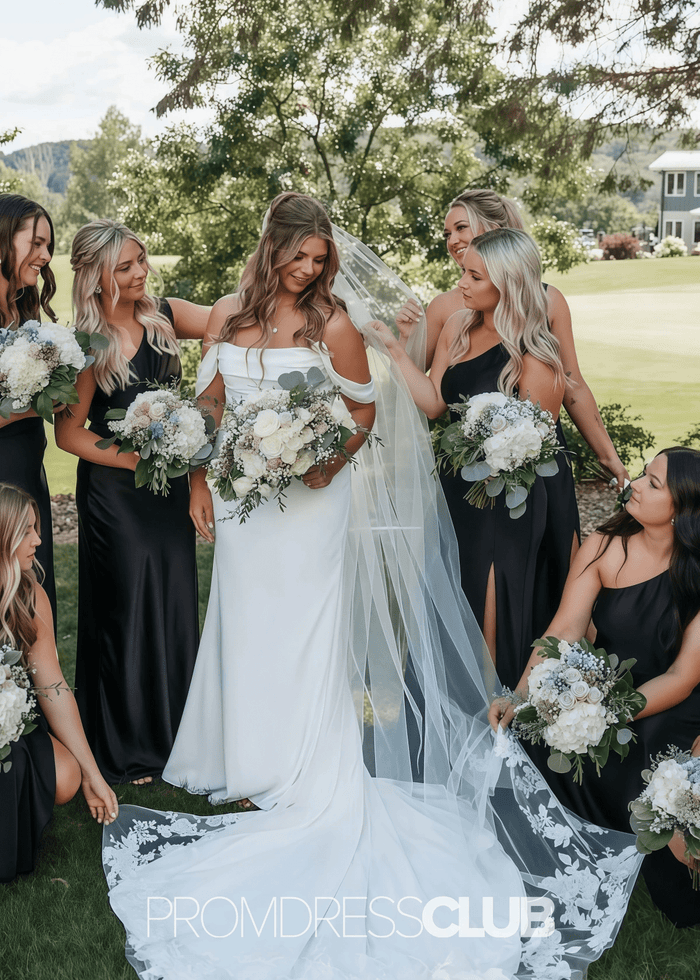 Rosalind | Sheath Column Pleats and Slit Black Satin Long Bridesmaid Dress - Price #price_variant_lowest# - Black - PromDressClub