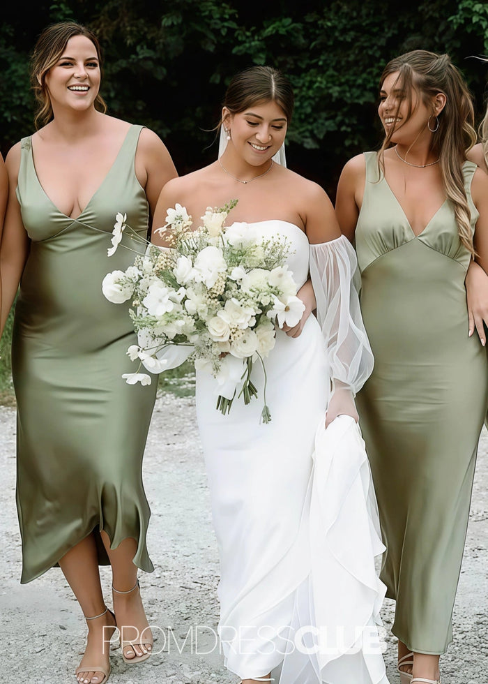 Ruth | Mermaid Straps Plus Size Sage Green Satin Long Bridesmaid Dress - Price #price_variant_lowest# - Sage - PromDressClub