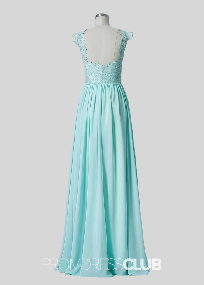 Sabrina | A Line Lace Embroidered Pleated Aqua Blue Tulle Long Bridesmaid Dress - Price #price_variant_lowest# - Aqua - PromDressClub