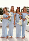 Sally | Sheath Column Pleated Bows Light Blue Satin Long Bridesmaid Dress - Light Blue - PROMDRESS Club