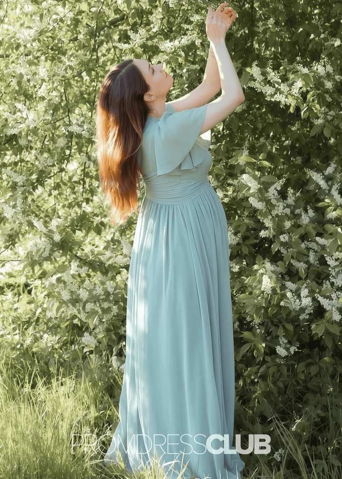 Salome | A Line Maternity Plus Size Sage Green Chiffon Long Bridesmaid Dress - Price #price_variant_lowest# - Sage - PromDressClub