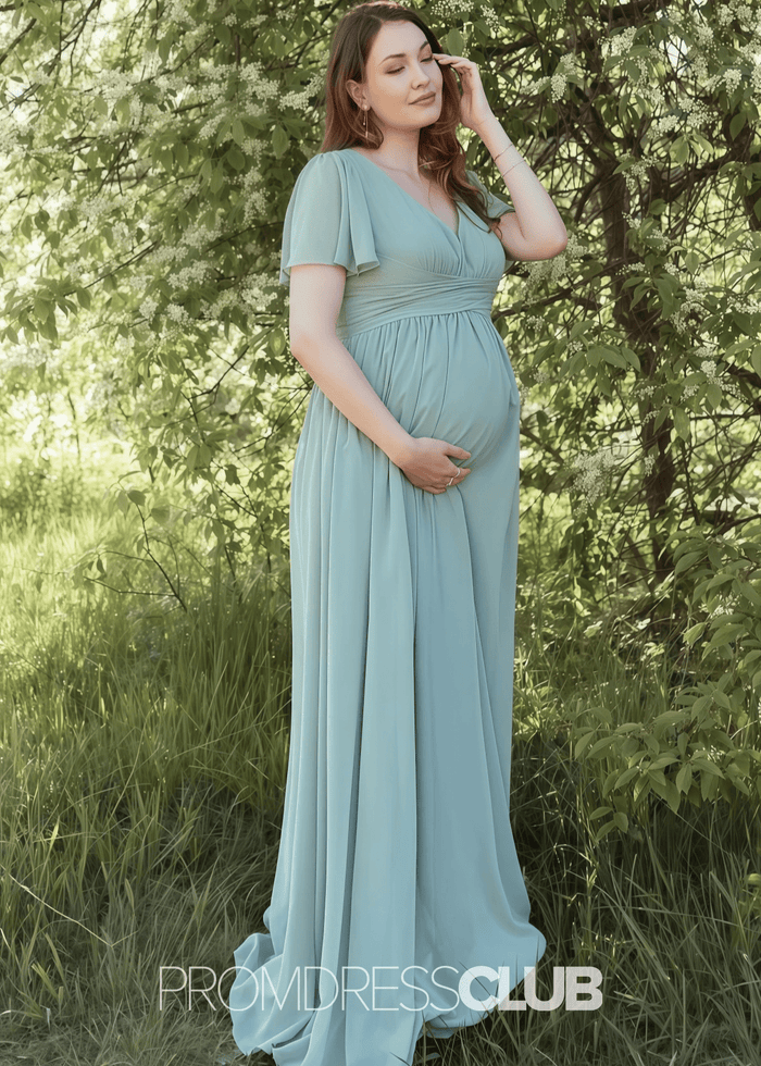 Salome | A Line Maternity Plus Size Sage Green Chiffon Long Bridesmaid Dress - Price #price_variant_lowest# - Sage - PromDressClub