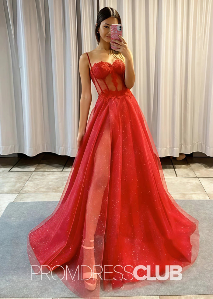 Samantha |Black Long Prom Dresses Stores With A - line Spaghetti Straps Glitter Tulle - Price #price_variant_lowest# - Red - PromDressClub