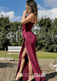 Samantha | Mermaid Cutout Back Ruched Burgundy Satin Long Bridesmaid Dress - Burgundy - PROMDRESS Club