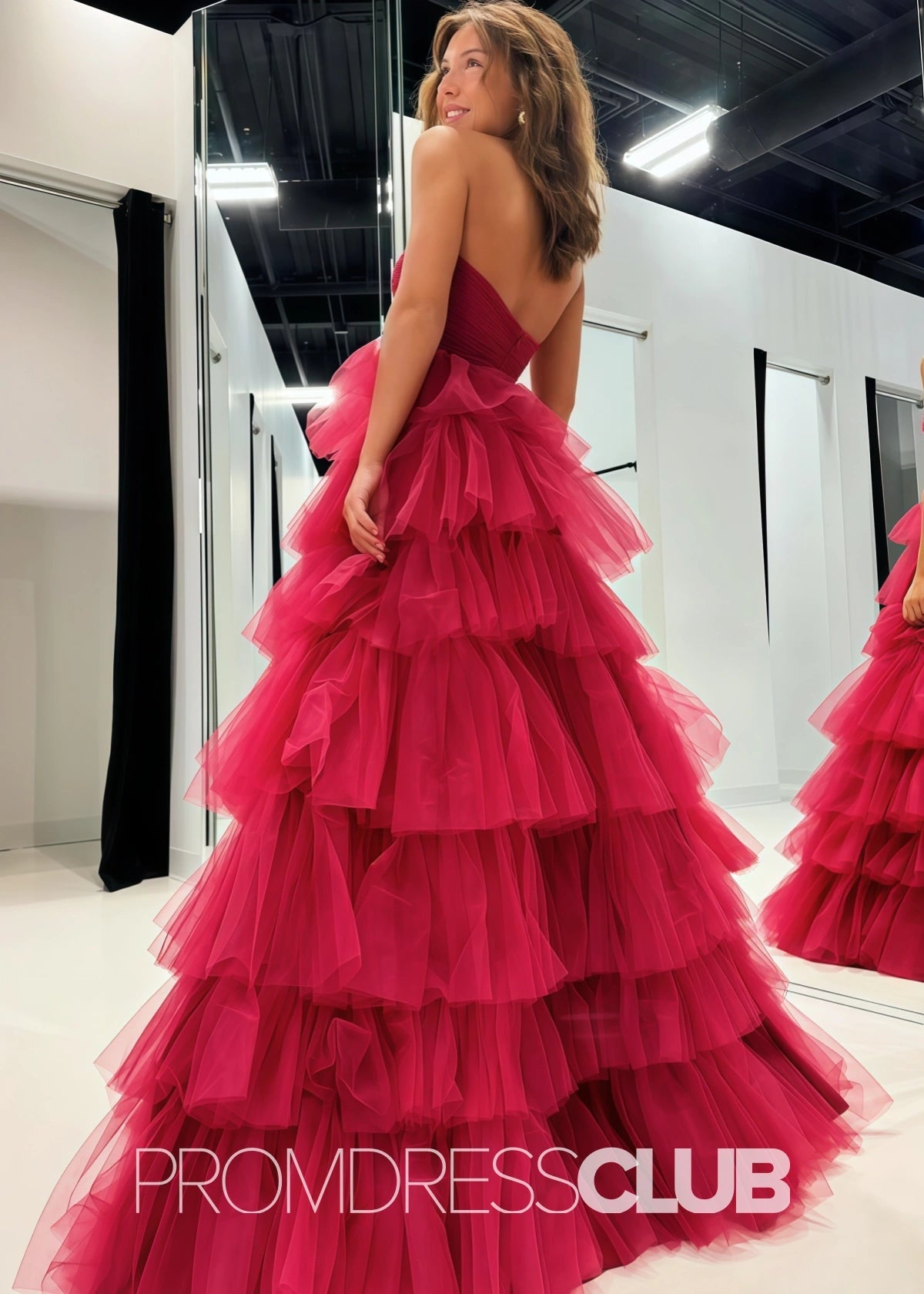 Sandra |Burgundy Long Prom Dresses With A - Line Strapless Tiered Tulle Ruffles - Burgundy - PromDressClub