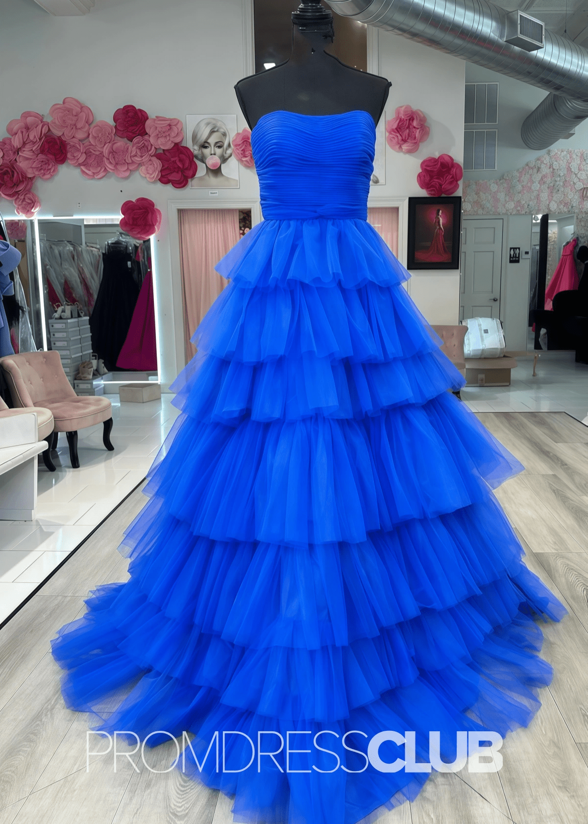 Sandra |Burgundy Long Prom Dresses With A - Line Strapless Tiered Tulle Ruffles - Royal Blue - PromDressClub