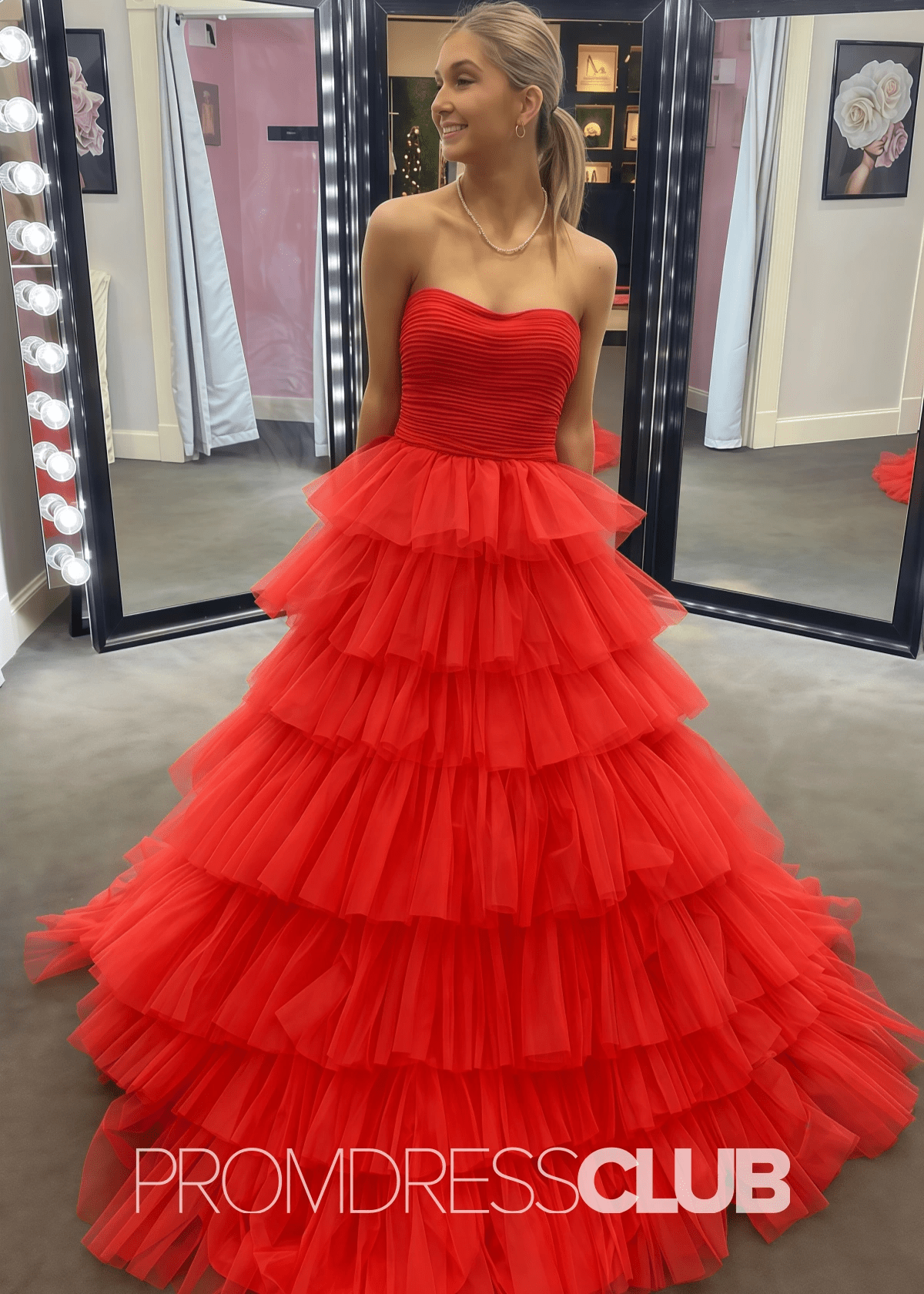 Sandra |Burgundy Long Prom Dresses With A - Line Strapless Tiered Tulle Ruffles - Red - PromDressClub