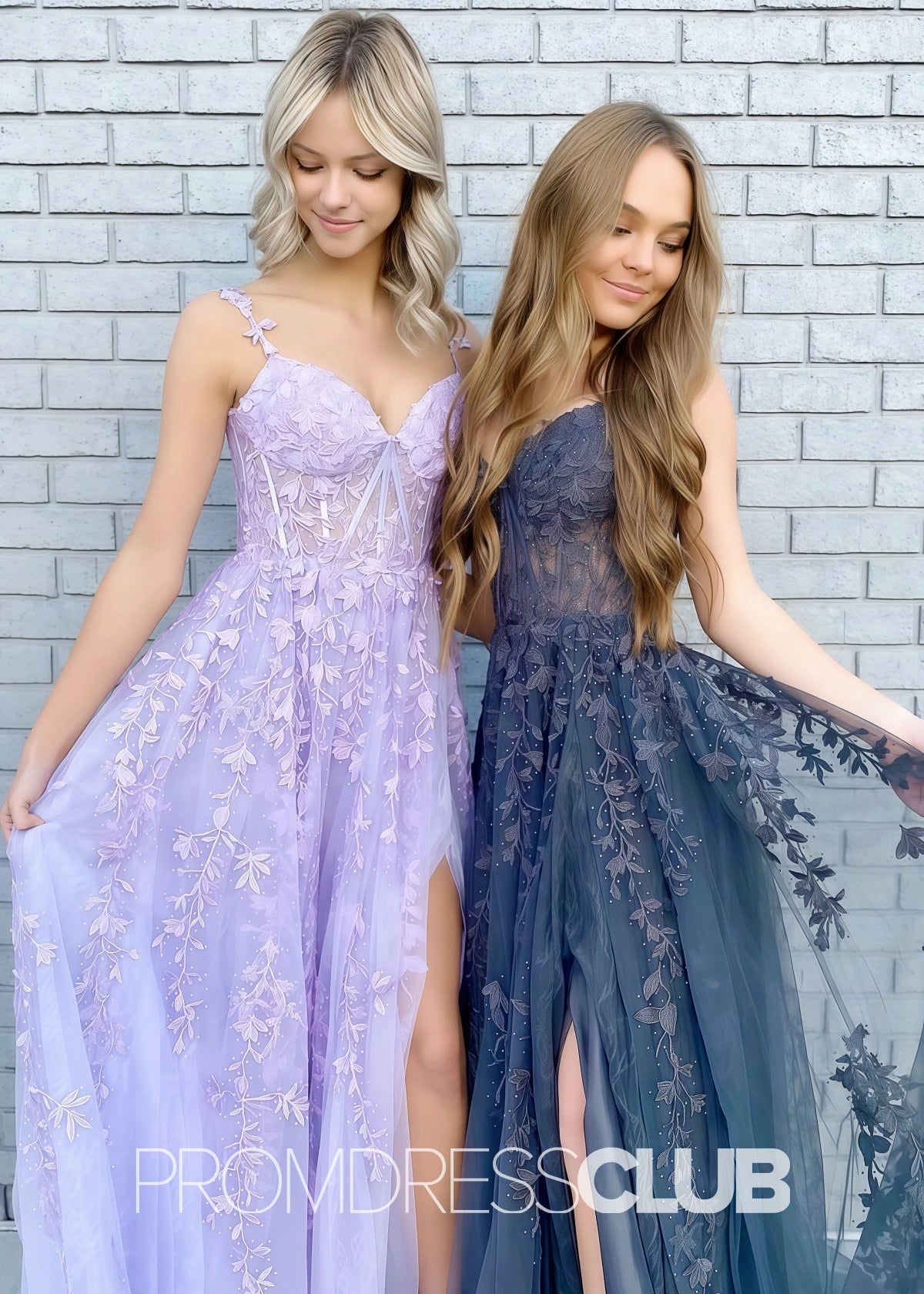 Sara |Navy Blue Long Prom Dresses With A - line Sweetheart Lace Tulle Slit - Navy Blue - PromDressClub