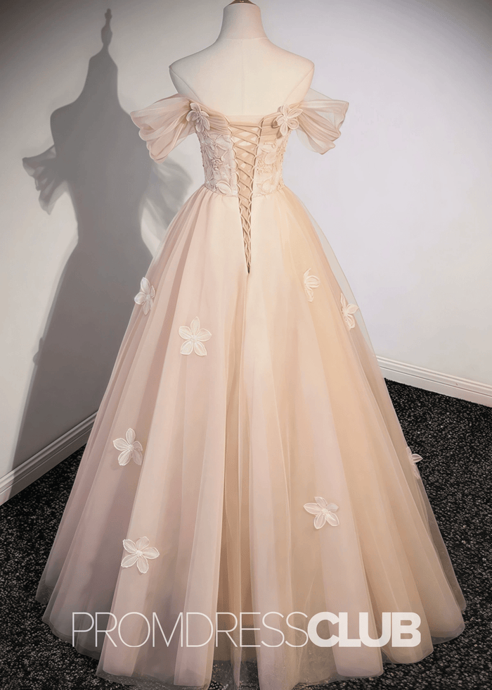 Sarah |Champagne Long Formal Dresses With A Line Off Shoulder Cute Flowers Tulle - Price #price_variant_lowest# - Champagne - PromDressClub