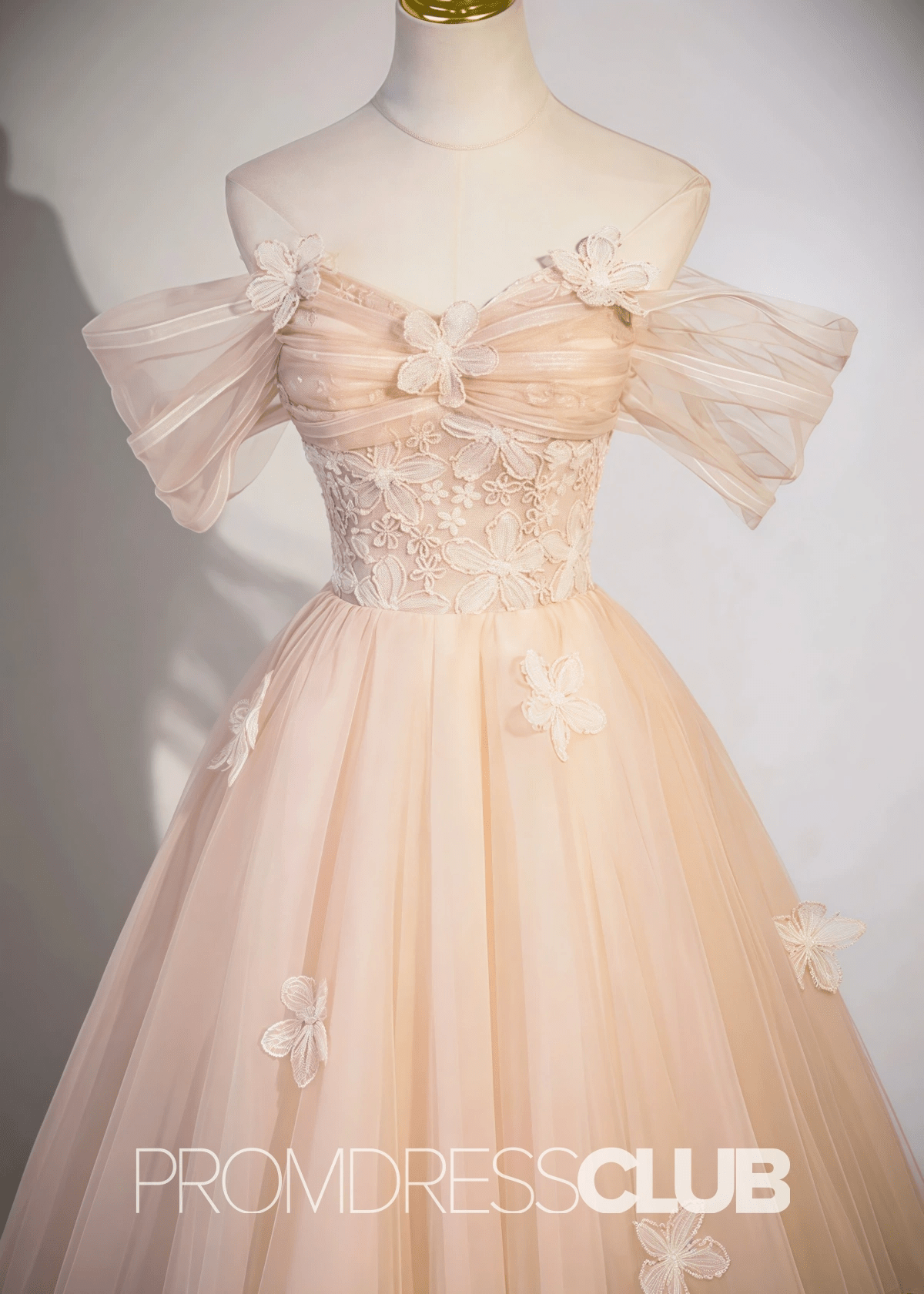 Sarah |Champagne Long Formal Dresses With A Line Off Shoulder Cute Flowers Tulle - Champagne - PromDressClub