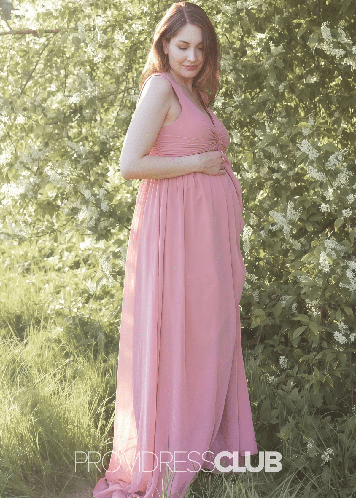 Sebastiane | A Line Twist - Front Maternity Rose Chiffon Long Bridesmaid Dress - Rose Gold - PROMDRESS Club