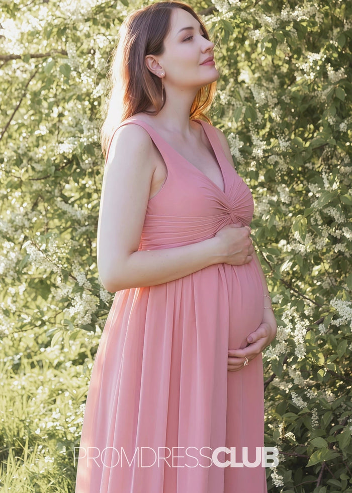 Sebastiane | A Line Twist - Front Maternity Rose Chiffon Long Bridesmaid Dress - Price #price_variant_lowest# - RosyBrown - PromDressClub