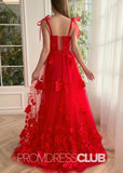 Selena |Red Long Prom Dresses With Scarlet Lace A - line 3D Flower Slit - Red - PromDressClub