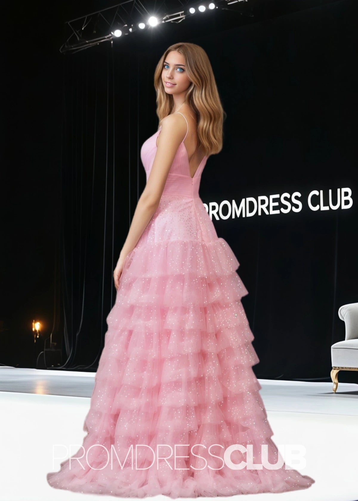 Sharon |Light Pink Long Prom Dresses With A - Line Tiered Spaghetti Straps Tulle - Light Pink - PromDressClub