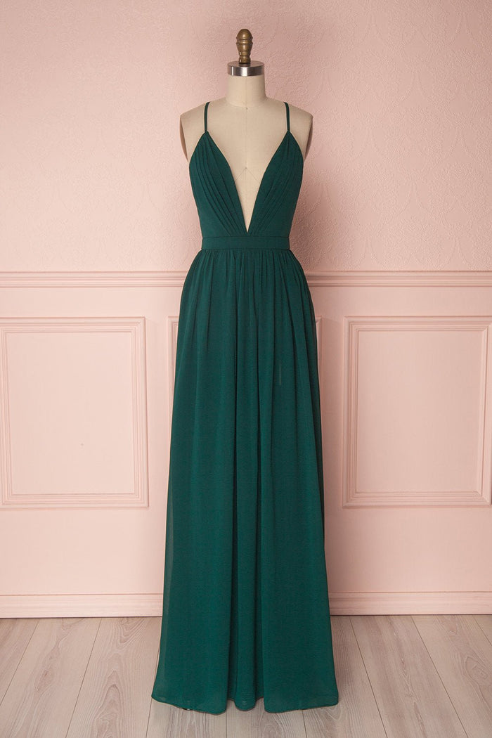 Wallis |Sheath Chiffon Burgundy Bridesmaid Dress Long V Neck - Dark Green - PromDressClub