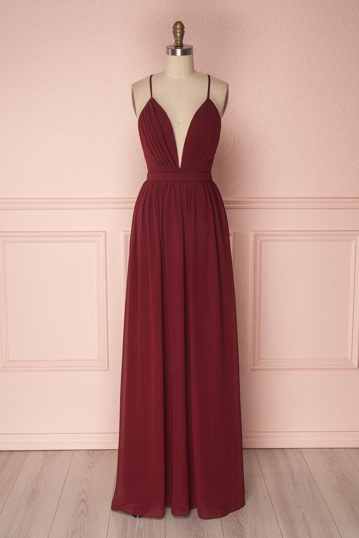 Wallis |Sheath Chiffon Burgundy Bridesmaid Dress Long V Neck - Burgundy - PromDressClub