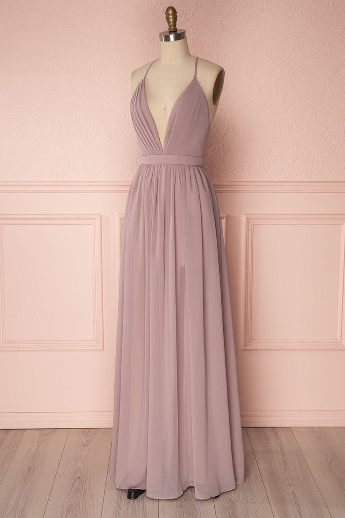 Wallis |Sheath Chiffon Burgundy Bridesmaid Dress Long V Neck - Dusty Rose - PromDressClub