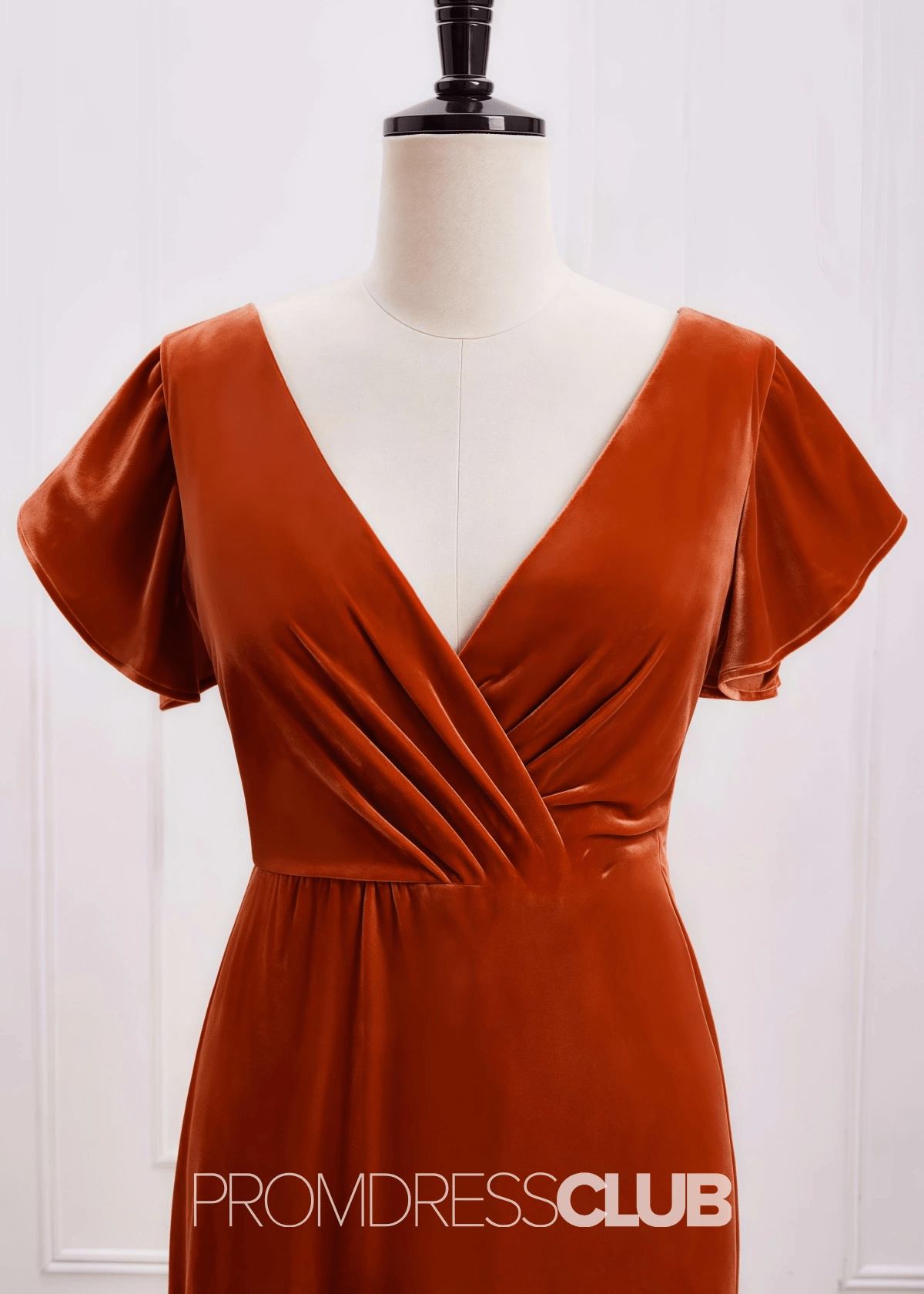Sheila | A Line Surplice Backless Rust Orange Velvet Maxi Bridesmaid Dress - Price #price_variant_lowest# - Bronzer - PromDressClub