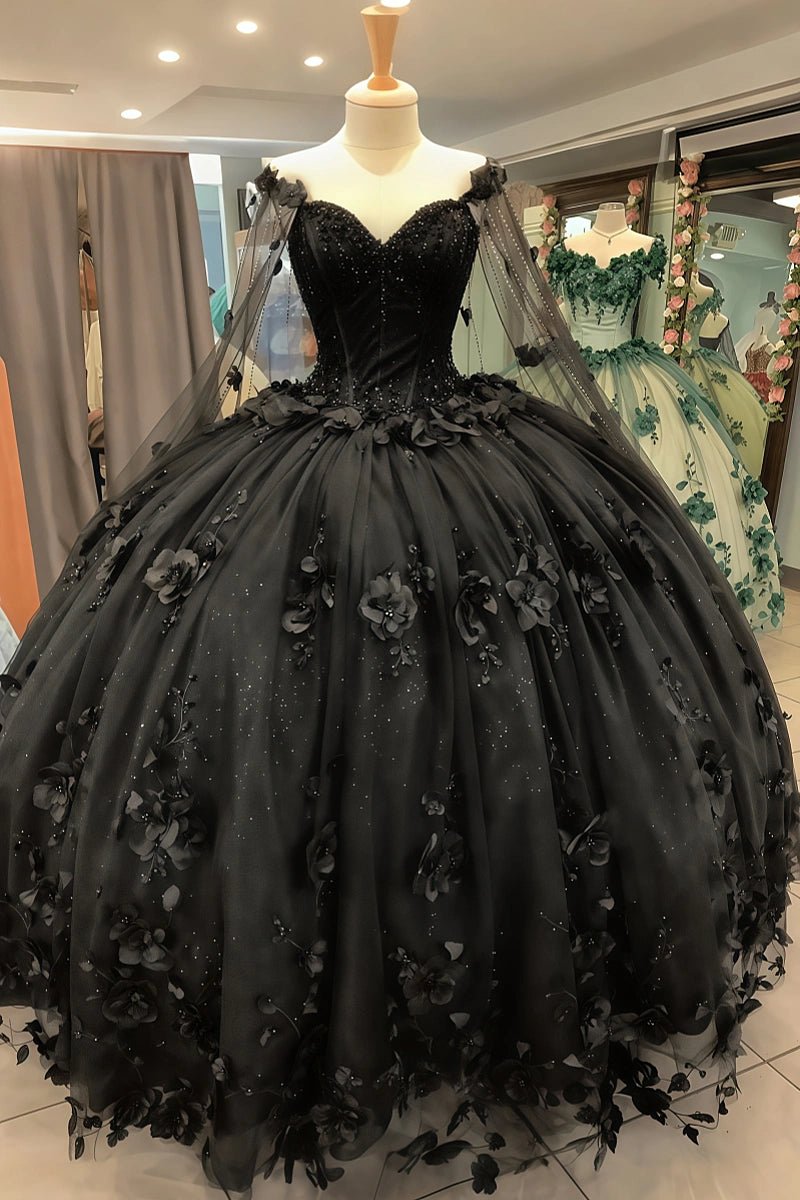 Sheila |Off the Shoulder Ball Gown Black Quince Dresses with Flowers Beaded - Black - PromDressClub