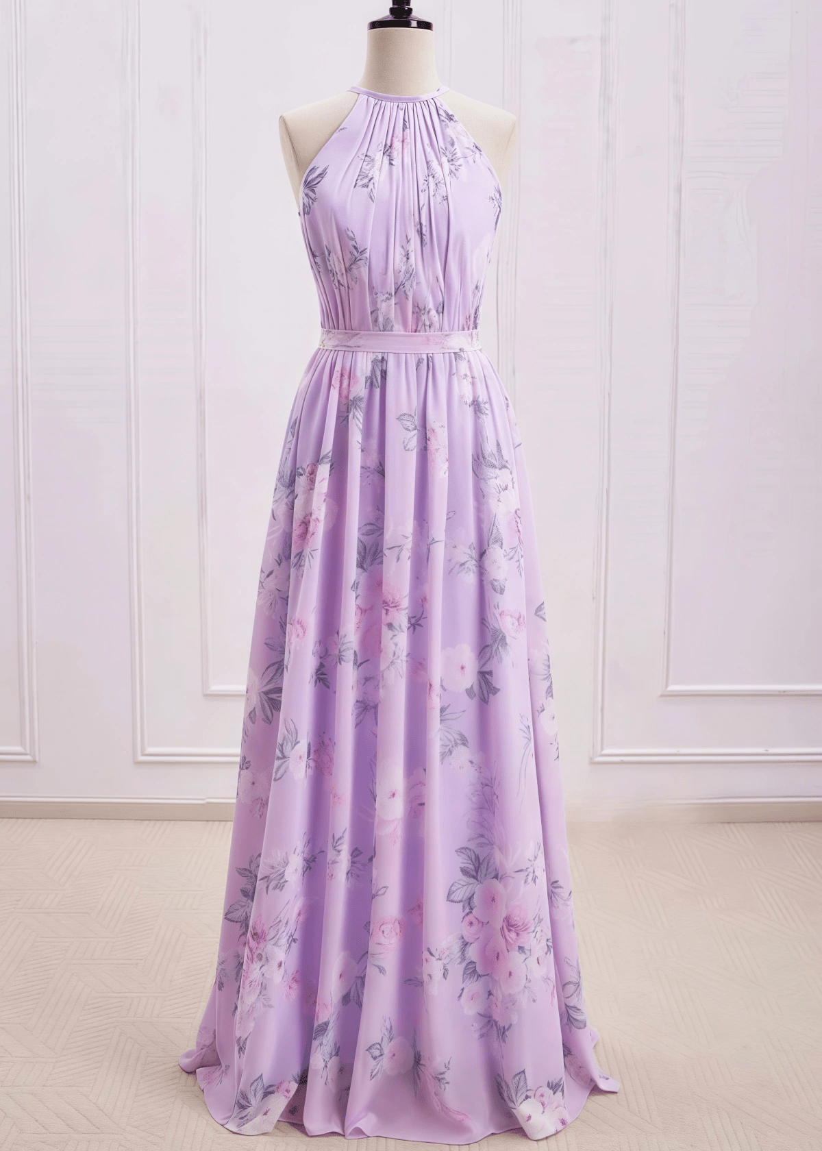 Sherry | A Line Lavender Floral Print Chiffon Maxi Bridesmaid Dress - Lavender Floral - PROMDRESS Club