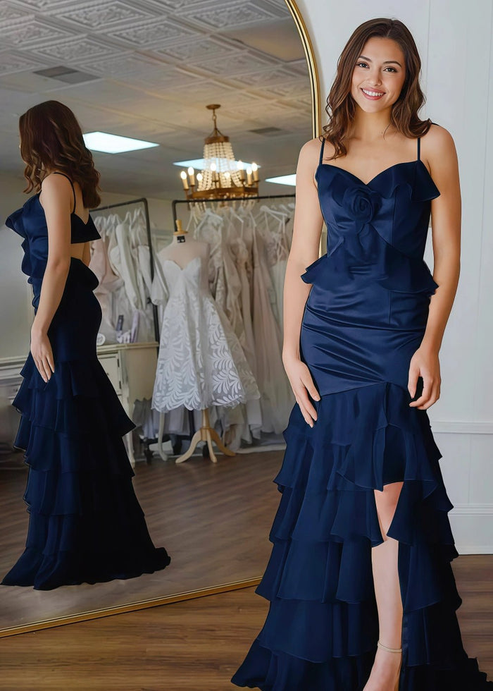 Shine Bright Yellow Flower Ruffle Chiffon Prom Dress with Slit – Unforgettable Prom Nights - Navy Blue - PromDressClub