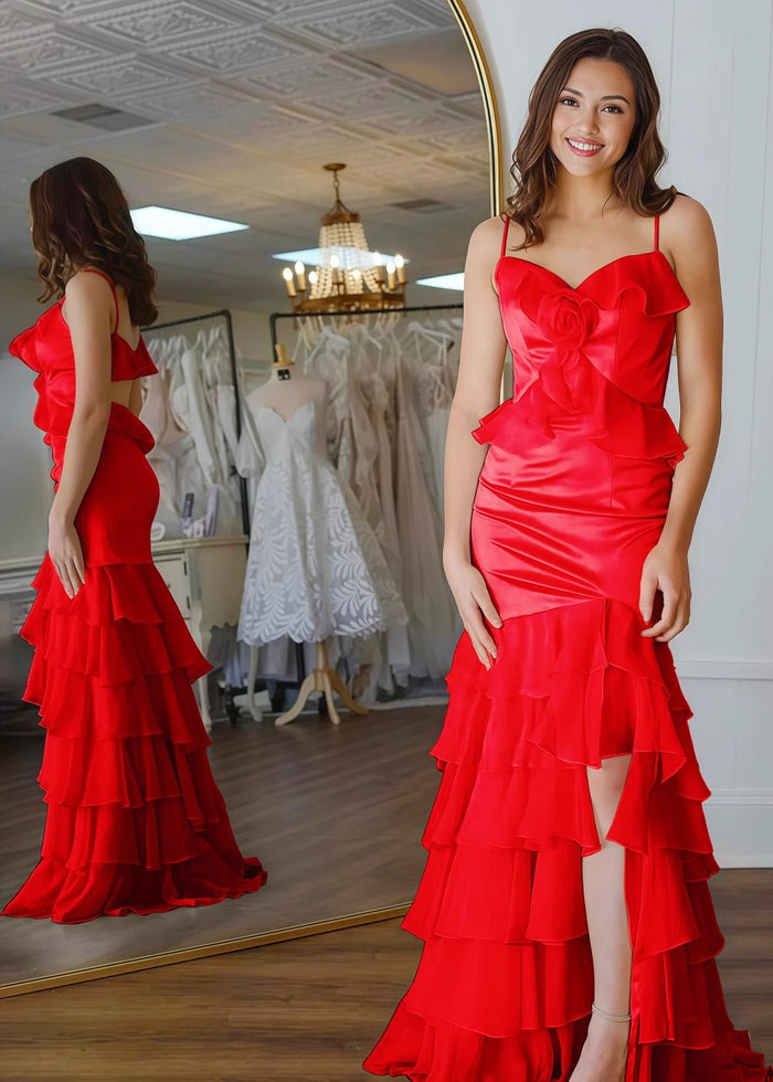 Shine Bright Yellow Flower Ruffle Chiffon Prom Dress with Slit – Unforgettable Prom Nights - Red - PromDressClub