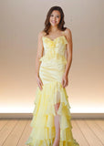 Shine Bright Yellow Flower Ruffle Chiffon Prom Dress with Slit – Unforgettable Prom Nights - Yellow - PromDressClub