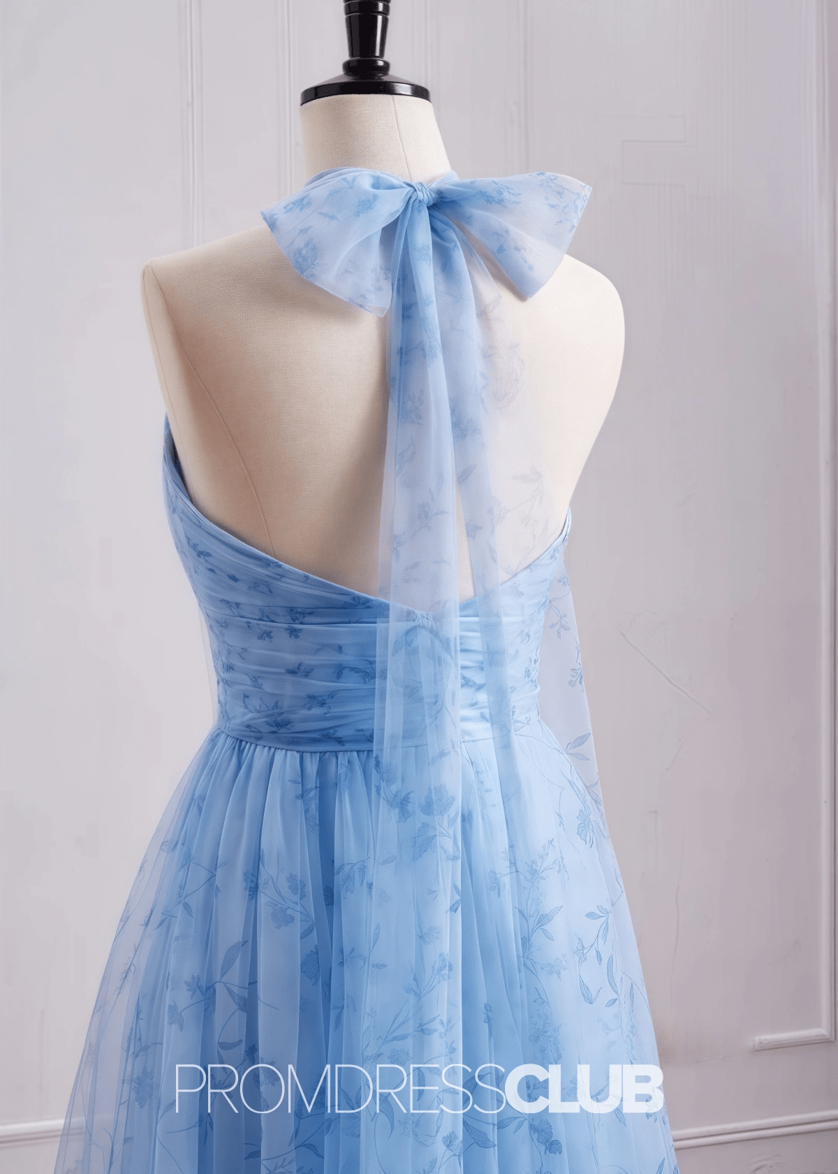 Shirley | A Line 3D Flower Light Blue Floral Print Tulle Long Bridesmaid Dress - Light Blue Floral - PROMDRESS Club