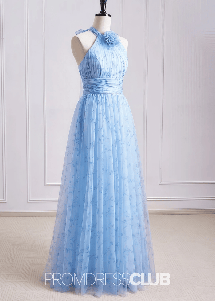 Shirley | A Line 3D Flower Light Blue Floral Print Tulle Long Bridesmaid Dress - Price #price_variant_lowest# - Light Blue Floral - PromDressClub