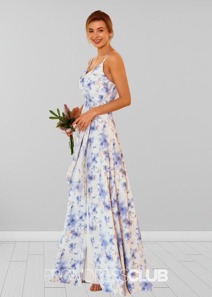 Sigrid | White Blue Floral Print Spaghetti Straps Chiffon Long Bridesmaid Dress - Price #price_variant_lowest# - Blue Floral - PromDressClub
