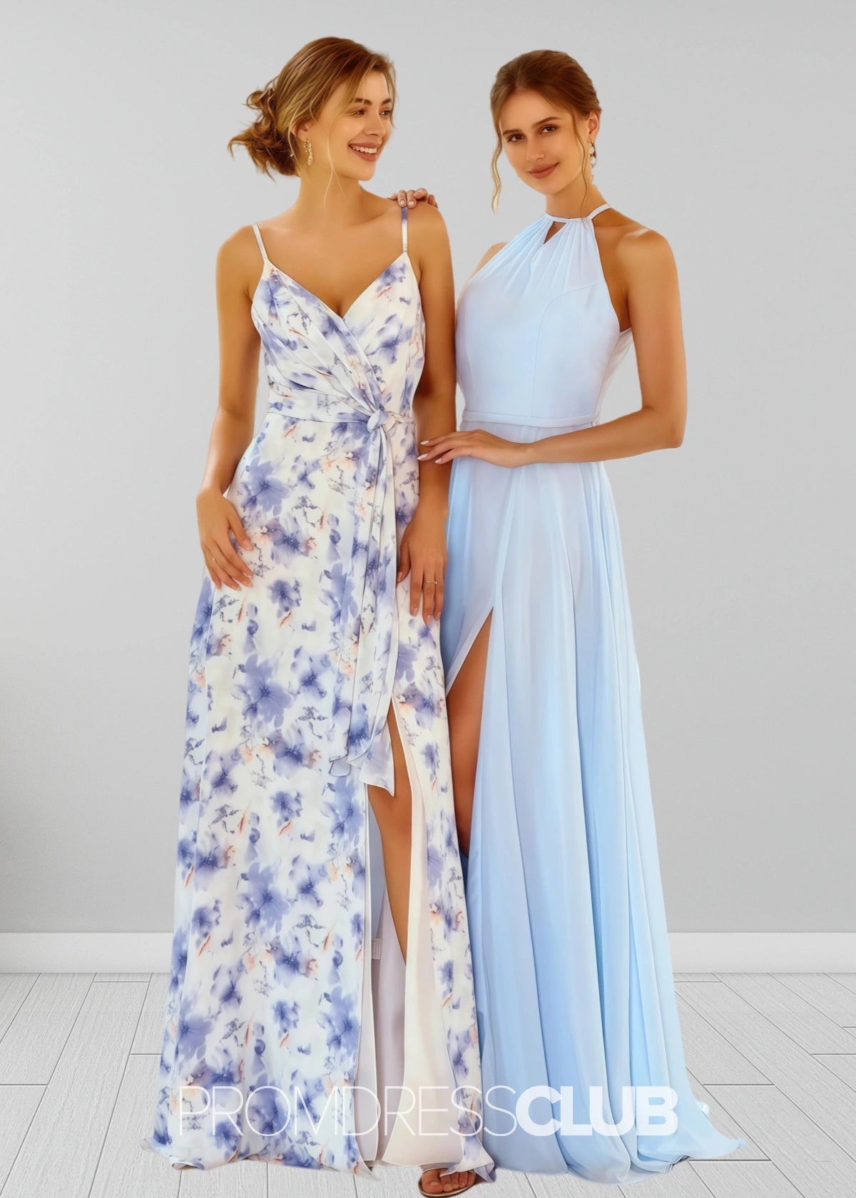 Sigrid | White Blue Floral Print Spaghetti Straps Chiffon Long Bridesmaid Dress - Blue Floral - PROMDRESS Club