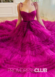 Simona |Fuchsia Tulle Long Formal Dresses With A Line Strapless Tiered Ruffled - Fuchsia - PromDressClub