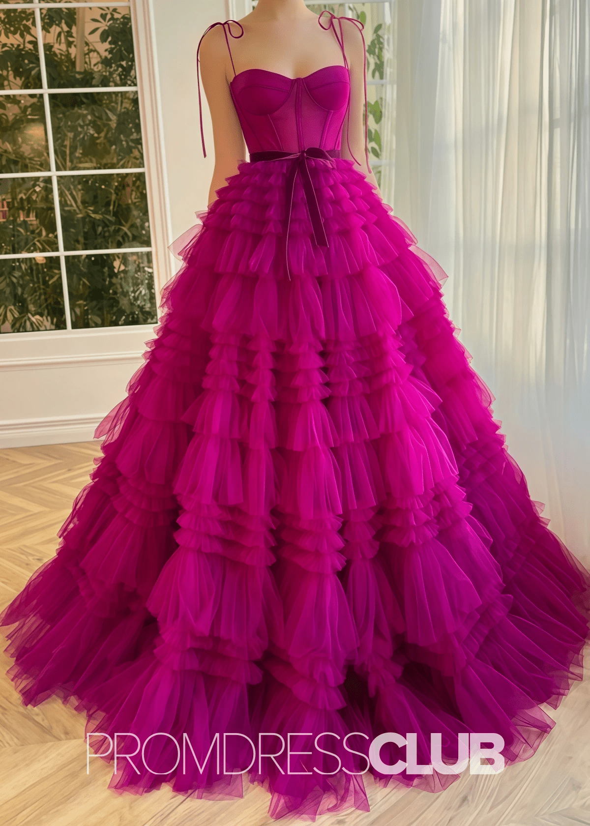 Simona |Fuchsia Tulle Long Formal Dresses With A Line Strapless Tiered Ruffled - Fuchsia - PromDressClub