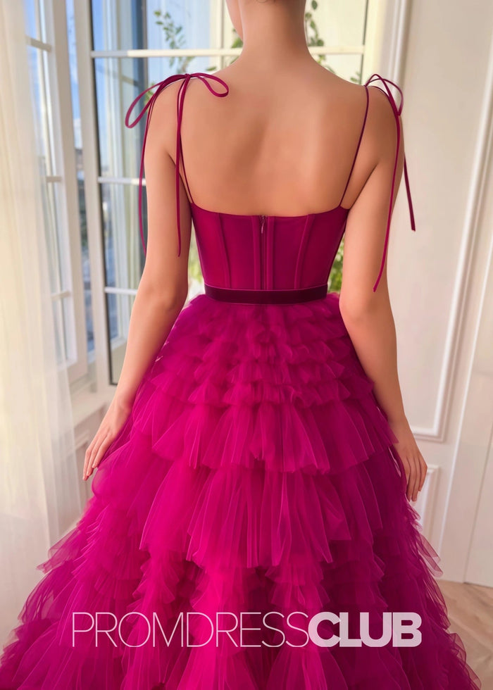 Simona |Fuchsia Tulle Long Formal Dresses With A Line Strapless Tiered Ruffled - Price #price_variant_lowest# - Fuchsia - PromDressClub