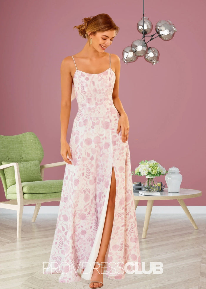 Simona | White Light Purple Floral Print Chiffon Long Bridesmaid Dress with Slit - Price #price_variant_lowest# - Light Purple Floral - PromDressClub