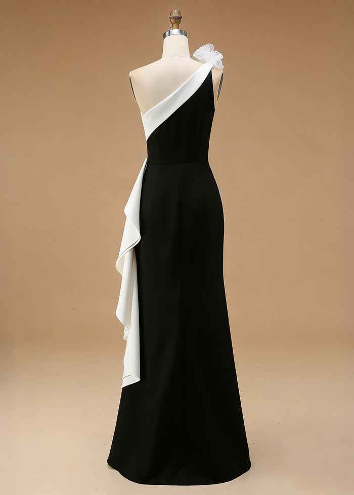 Soren Black and White Prom Dresses with One Shoulder | Sheath Ruffle 3D Flower Black Tie Wedding Guest Dress - White - PromDressClub