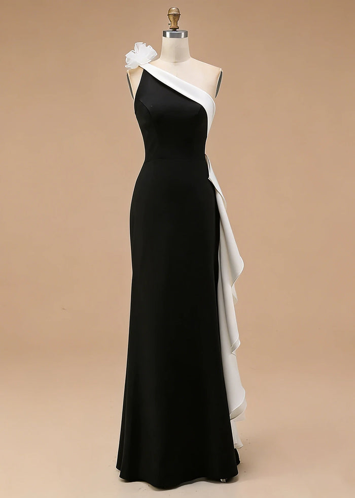 Soren Black and White Prom Dresses with One Shoulder | Sheath Ruffle 3D Flower Black Tie Wedding Guest Dress - White - PromDressClub