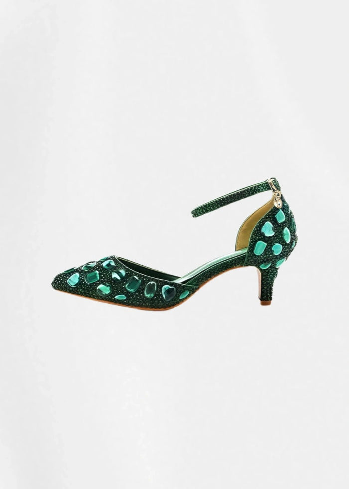 Sparkling Embellished Crystal Diamond Pointed Toe Gold Kitten Heels - Prefect for Occasions - Dark Green - PromDressClub
