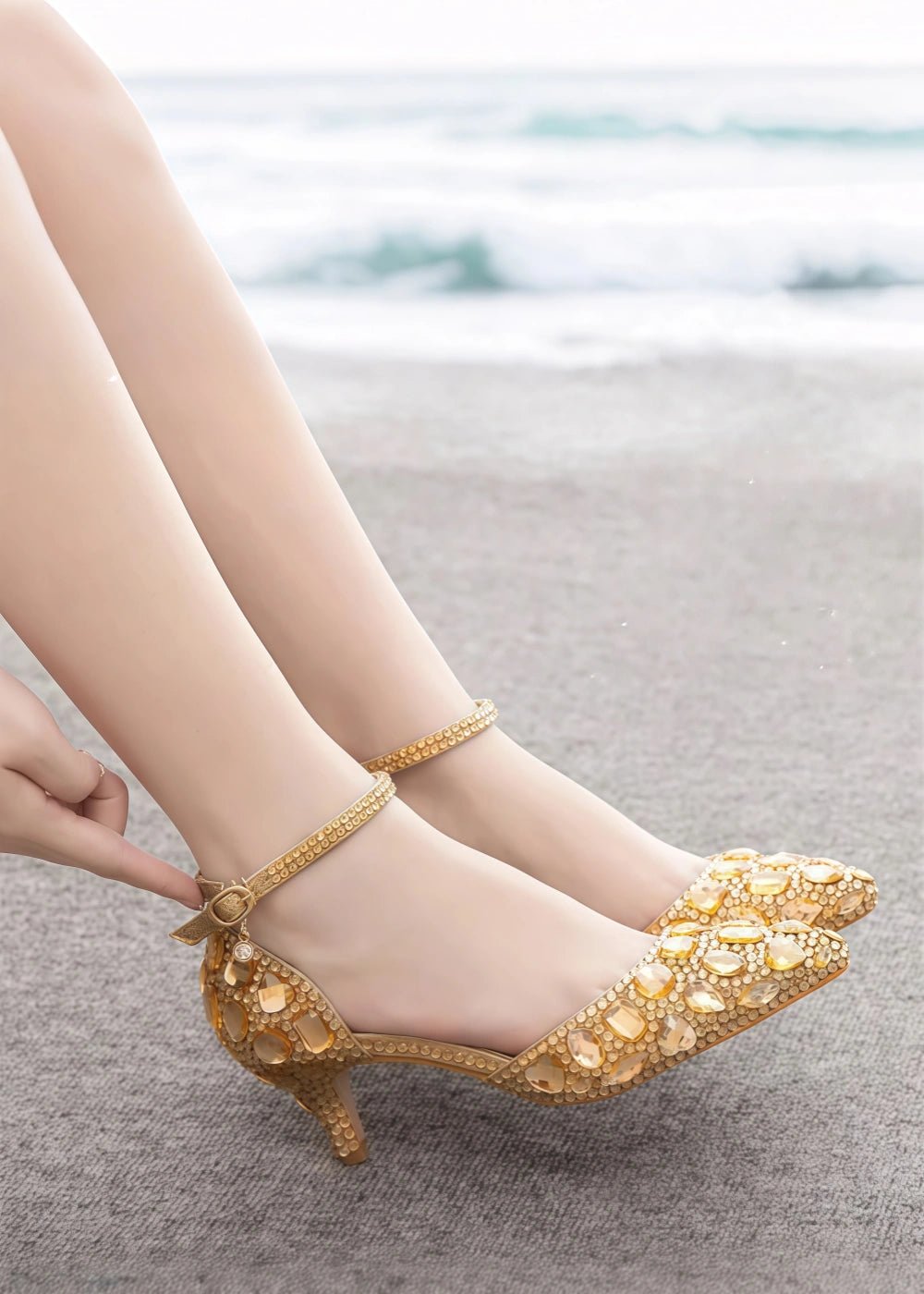 Sparkling Embellished Crystal Diamond Pointed Toe Gold Kitten Heels - Prefect for Occasions - Gold - PromDressClub