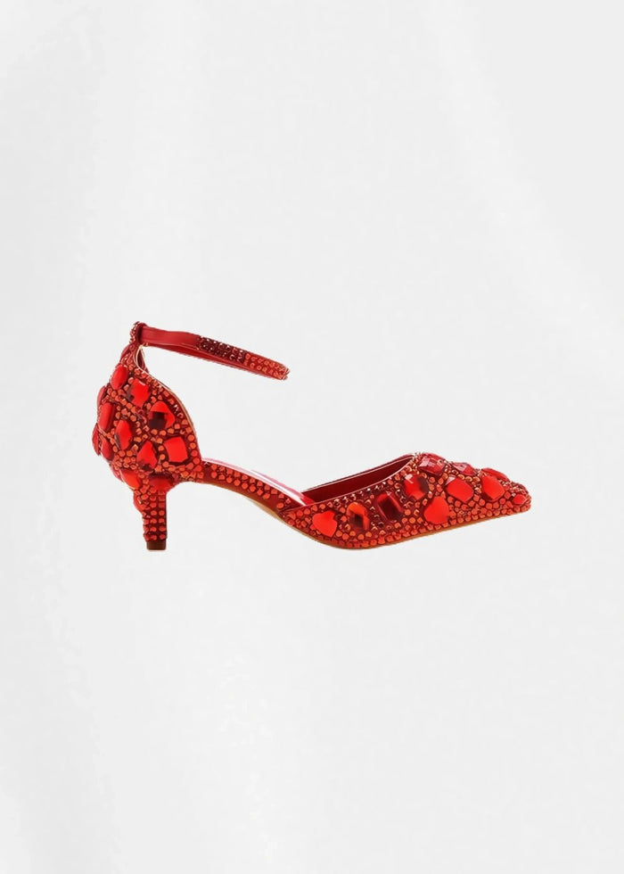 Sparkling Embellished Crystal Diamond Pointed Toe Gold Kitten Heels - Prefect for Occasions - Red - PromDressClub