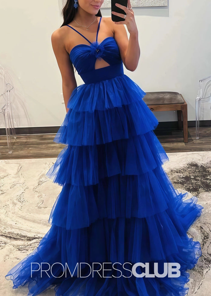 Spring |Blue Tulle Print Long Prom Dresses With A Line Halter Keyhole Ruffle Tiered - Price #price_variant_lowest# - Royal Blue - PromDressClub