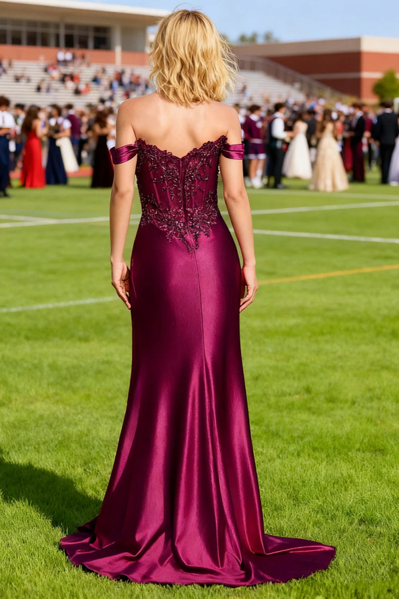 Starlit Burgundy Floral Off the Shoulder Prom Dress | Strapless Sweetheart Neckline Corset Pleated Dress with Slit - US0 - PromDressClub