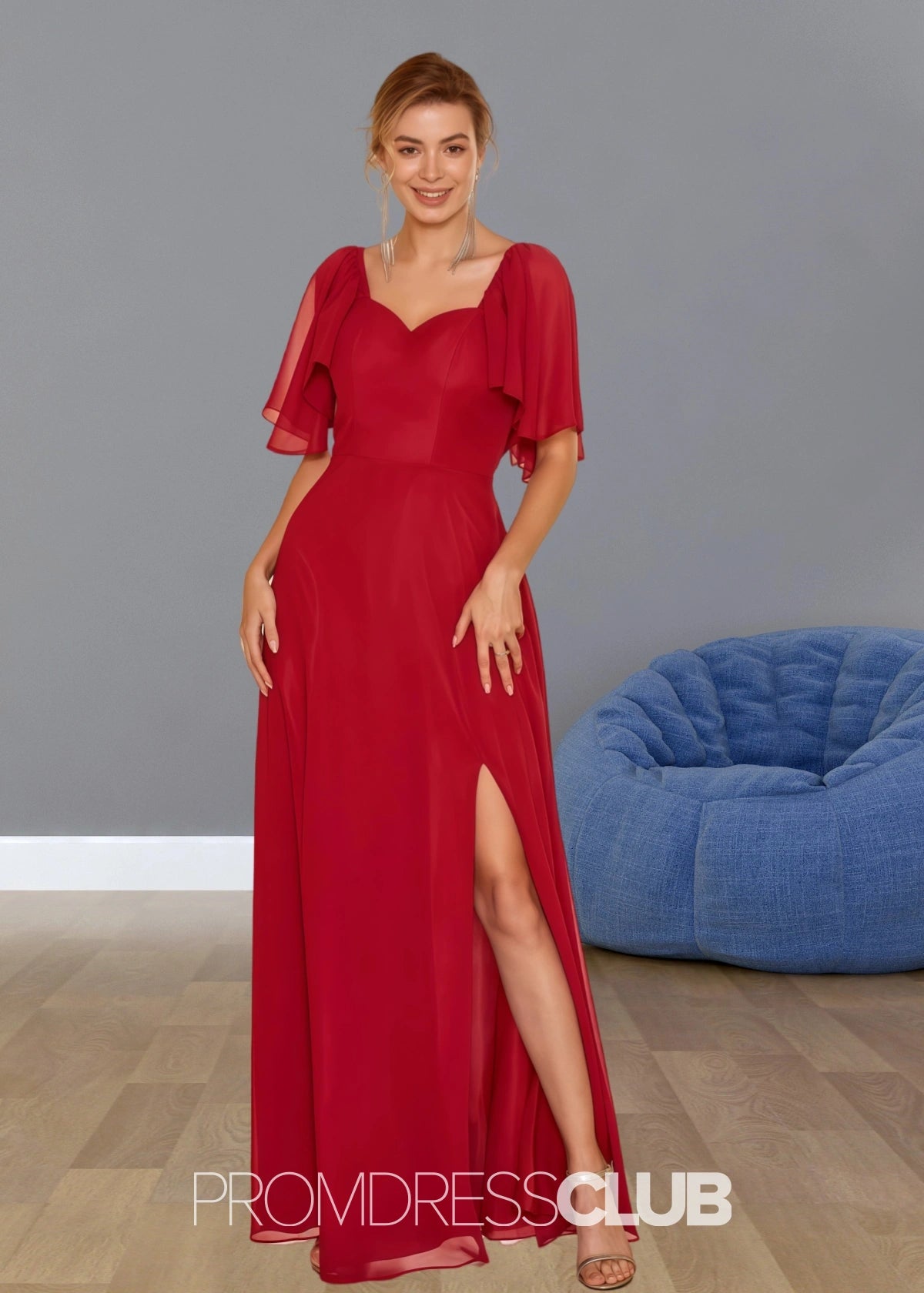 Stephanie | Boho A Line Ruffles Short Sleeve Burgundy Chiffon Long Bridesmaid Dress with Slit - Burgundy - PROMDRESS Club