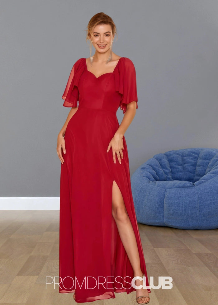 Stephanie | Boho A Line Ruffles Short Sleeve Burgundy Chiffon Long Bridesmaid Dress with Slit - Price #price_variant_lowest# - Burgundy - PromDressClub