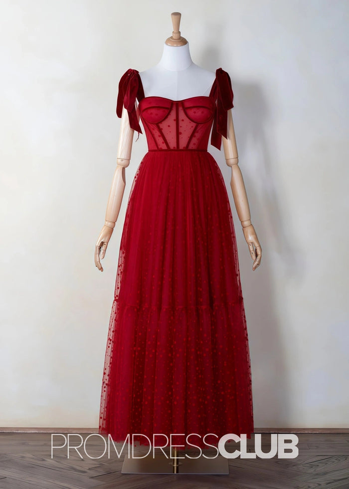 Stephanie |Red Long Prom Dresses With A Line Square Neckline Corset Dotted Tulle - Price #price_variant_lowest# - Red - PromDressClub