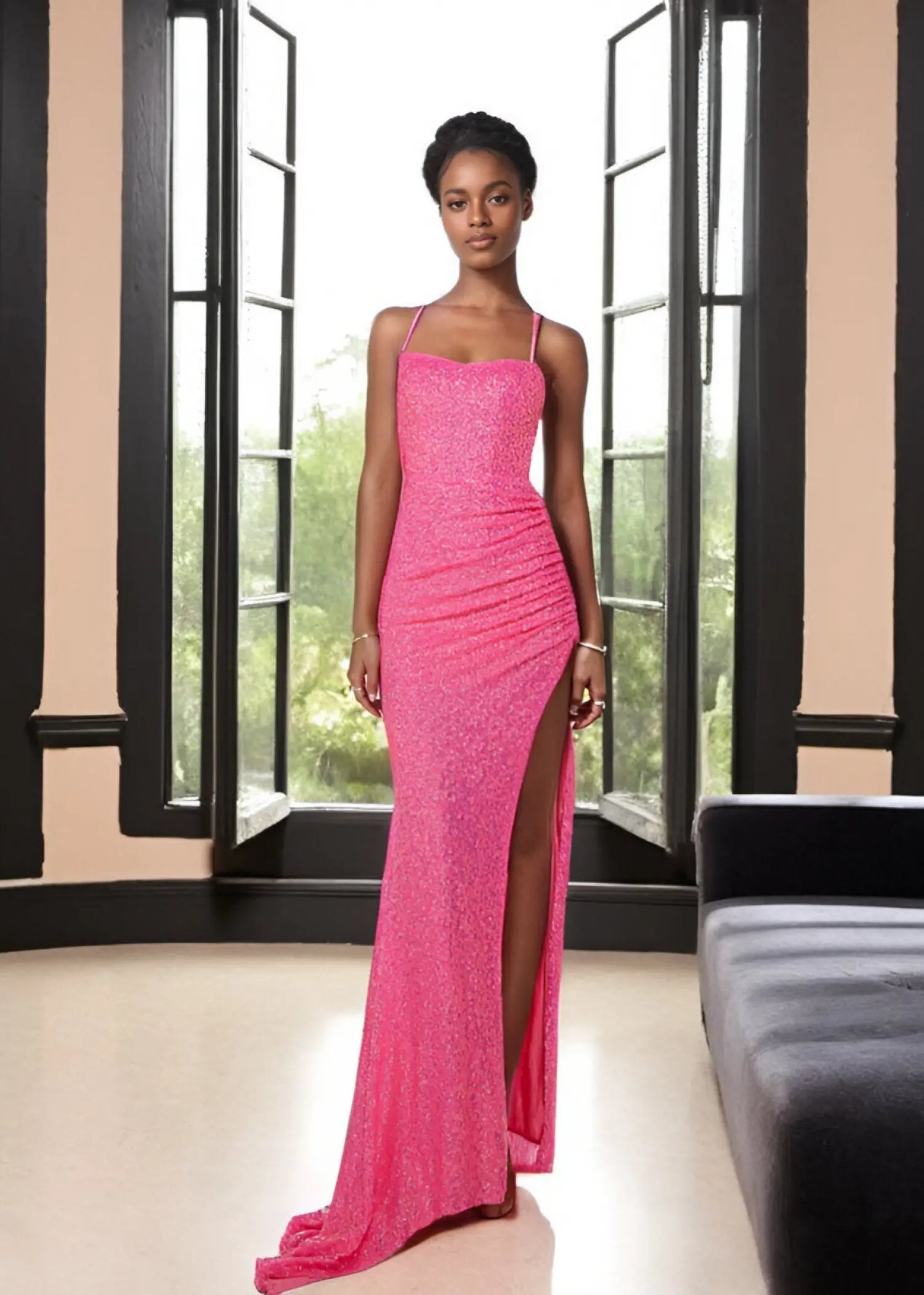 Jocelyn |Straight/Fitted Scooped Neckline Strappy Back Ruching Detail Train Hot Pink Sequins Long Prom Dress With Side Slit - Pink - US0 - PromDressClub